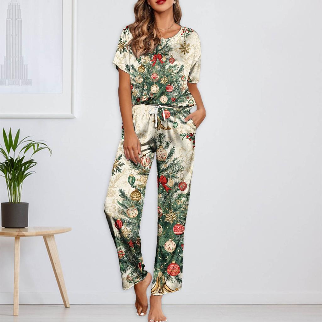 Женский шелковый атласный пижамный комплект с рождественским принтом, рубашка с коротким рукавом и длинные пижамные штаны, мягкая домашняя одежда