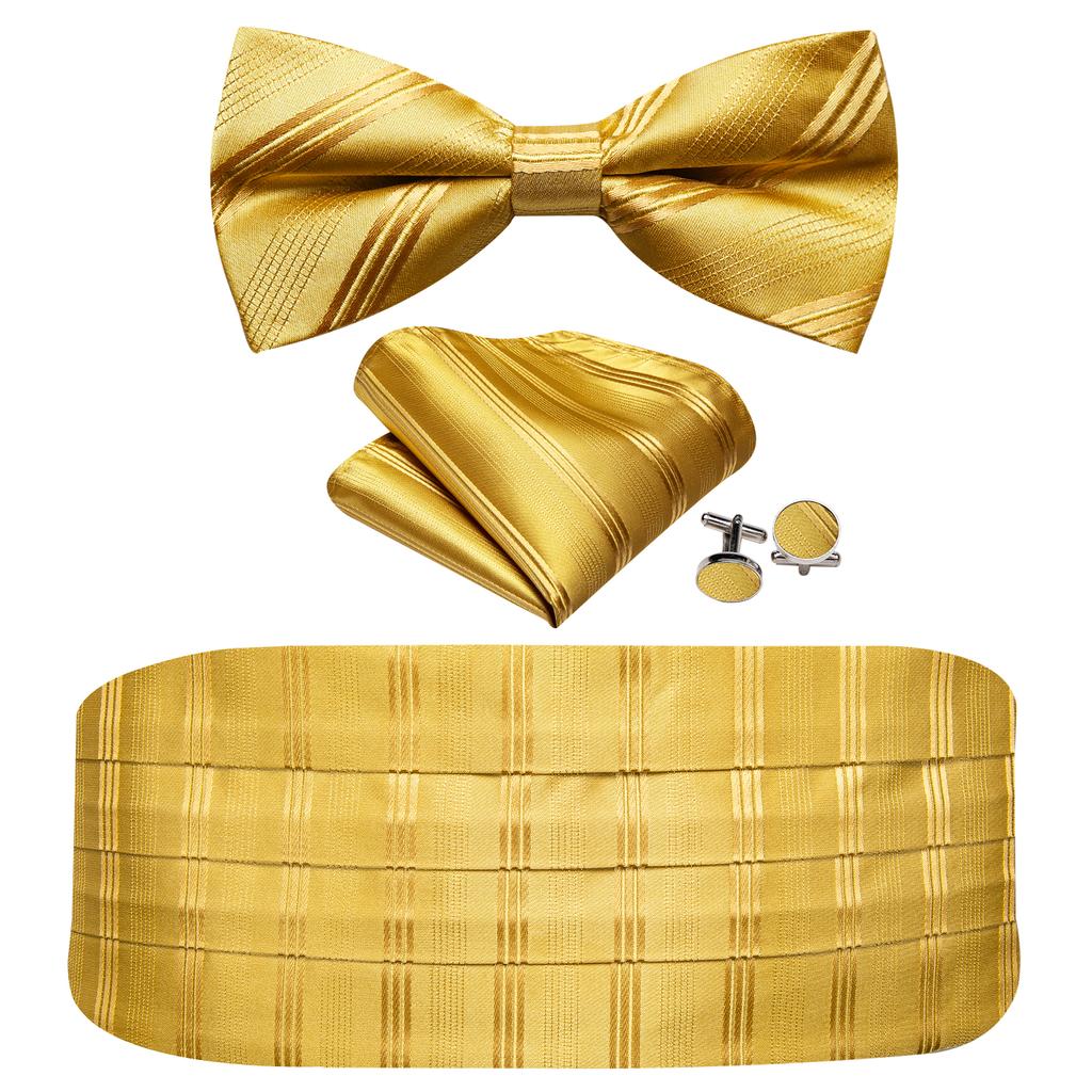 Barry.Wang Mens Cummerbund Belt and Bowtie Set Silk Pre Bow Tie Hanky Cufflink Set