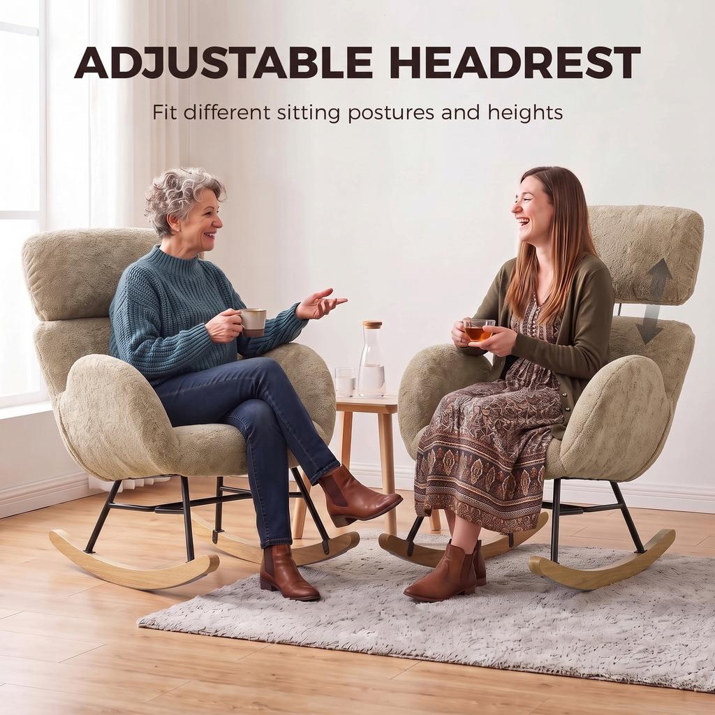 Upholstered Rocking Chair Adjustable Headrest Rocker Chair Raindrop Velvet Rubberwood Base Light Brown