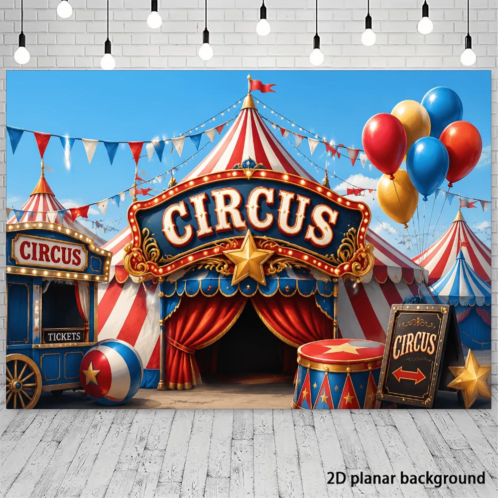 2D flat circus theme party banner background - classic red, blue and white circus tent scene, accompanied by colorful balloons