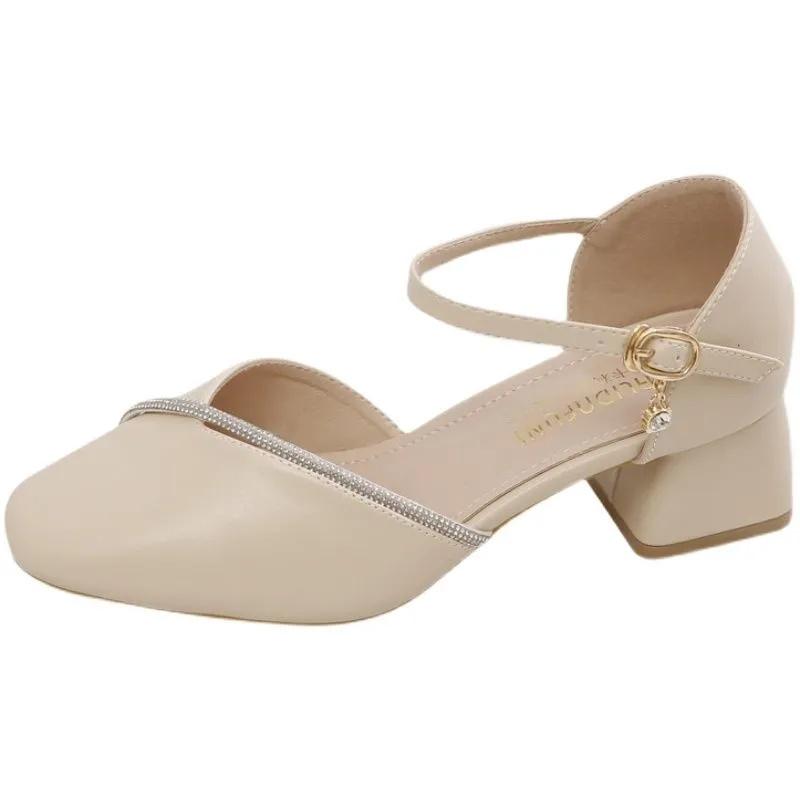 Модная женская обувь милые туфли с круглым носком высокого качества весна и лето туфли на квадратном каблуке женская мода милые бежевые офисные туфли ea280