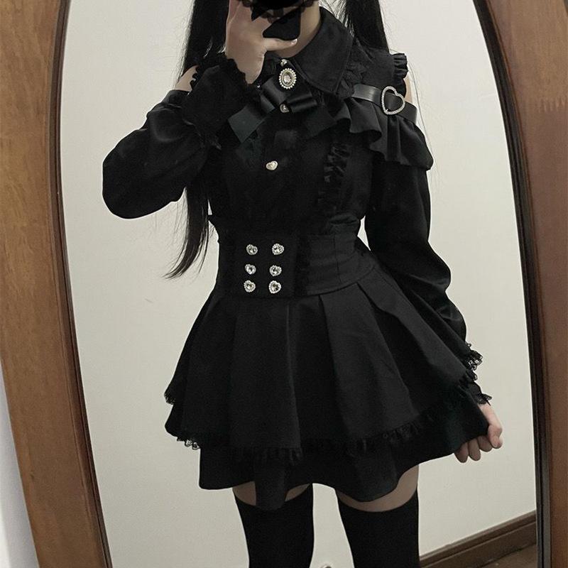Japanese Black Short Skirt Set Gothic Ruffle Mini Skirts Sexy Lace Off Shoulder Lolita Shirt Gown Y2k Aesthetic Suit