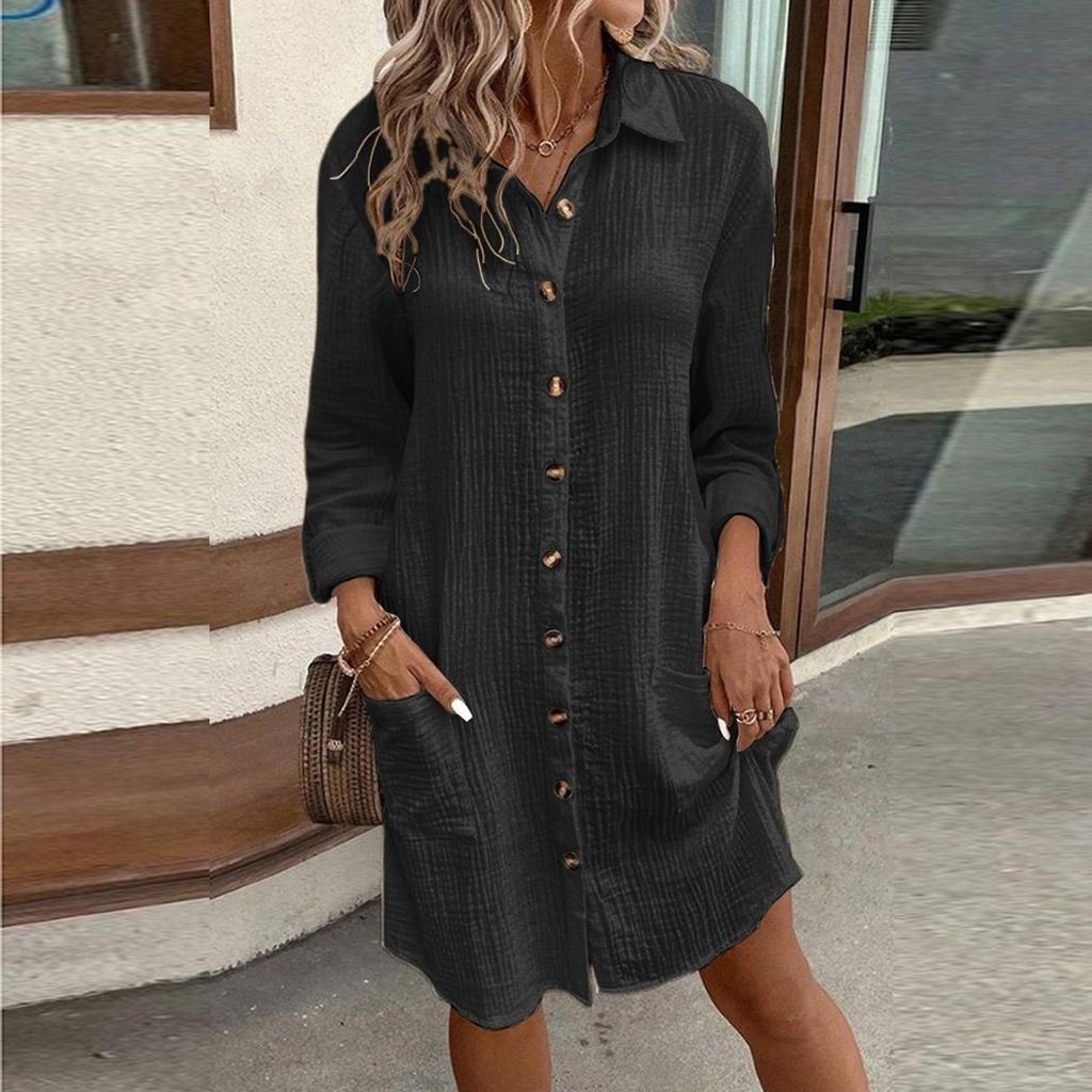 Новое женское модное повседневное однотонное свободное платье средней длины с длинным рукавом на пуговицах