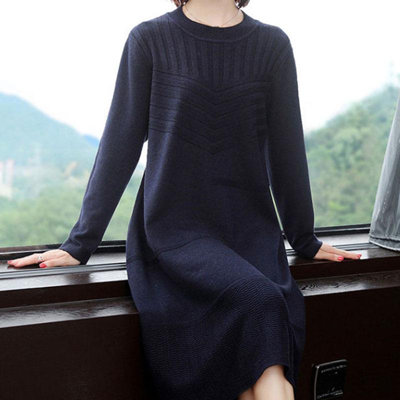 Large Size Knitted Dress In The Long Section Was Thin Temperament Base Dress Pure Color Simple Middle-aged Women Sweater Dress