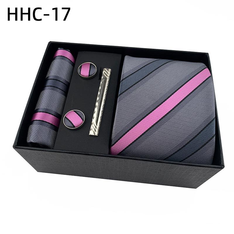 Men'S Striped Flower Plaid Tie Square Towel Cuffs Tie Clip Gift Box Set Business Casual Tie Black
