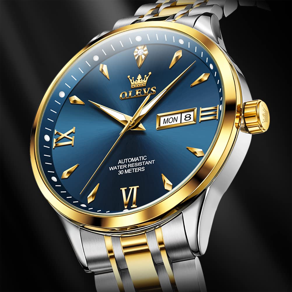 OLEVS Mechanical Movement Automatic Manual Winding Arm Clock Waterproof Luminous Date Stainless Steel Present Watch for Man Men's