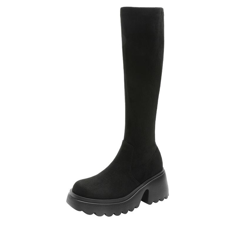 Thick-soled Boots for Women In Autumn and Winter High Boots 7cm High Heel Waterproof Platform To Increase Elasticity Knee-length Sponge