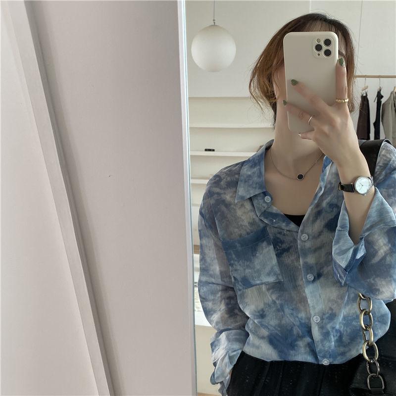 Printing Ink Tie Dye Pocket Single-breasted Blouse Women New Classic Long Sleeve Polo Collar Temperament Office Autumn Shirt