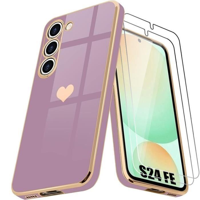 Coque de protection - BOOLING - pour Samsung Galaxy S24 FE - Antichoc - Silicone souple - Violet avec motif cœur