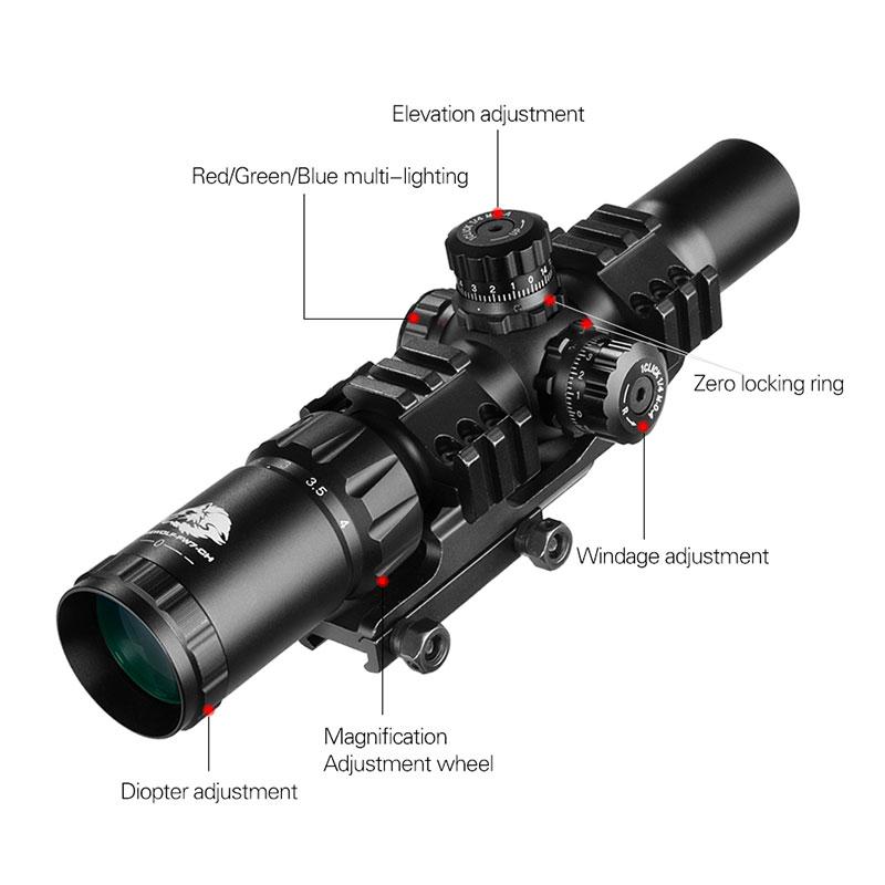 FIRE WOLF 1.5-4X30 Jacht Tactische Optische Scope Met Rood Groen Lichtgevend Kruis Torentje Locking Scope Range Scope