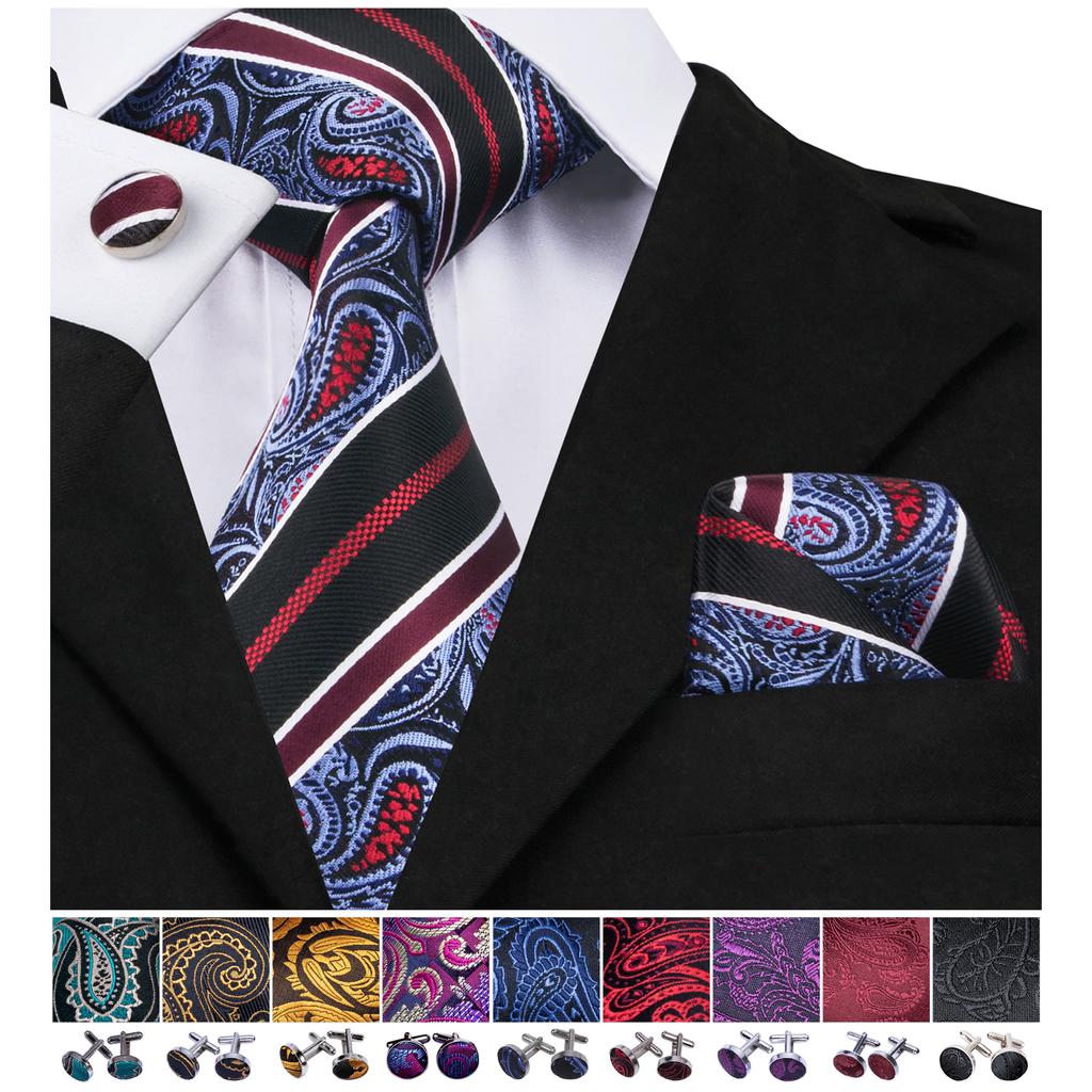 Barry.Wang Mens Novelty Plaid Striped Neckties Handkerchief Cufflinks Set Formal Casual Business