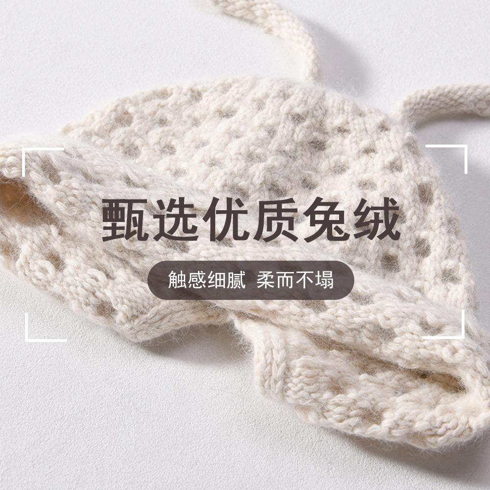 Hollow crocheted mesh lace-up knitted hat women's curled angora rabbit fur rabbit down ins wind soft wool hat