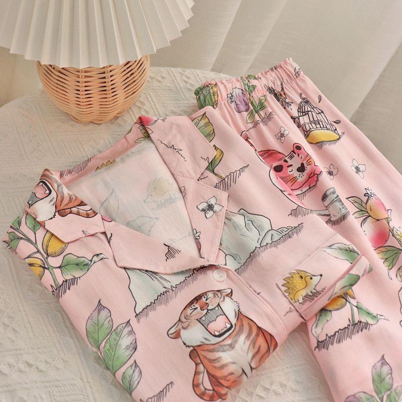 Шелковая пижама женская кардиган с длинными рукавами и длинными штанами пижамный комплект с принтом Kawaii Одежда Домашняя одежда