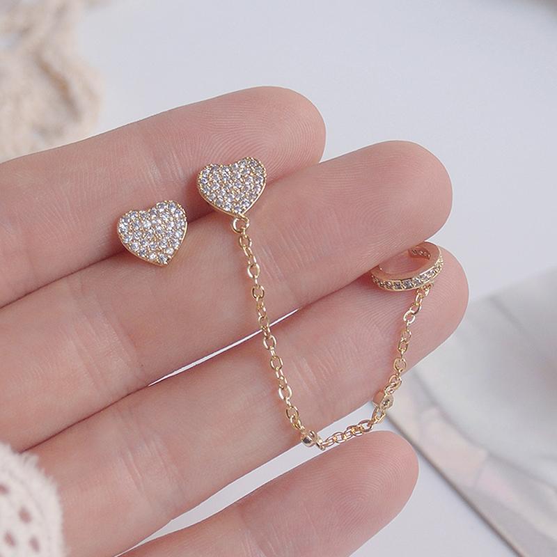 Корейские модные украшения изысканные серьги из настоящего золота 14 карат с цирконием сладкая любовь асимметричные серьги-клипсы с цепочкой для ушей женские серьги