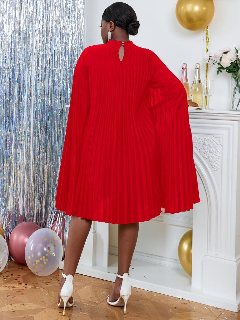 AOMEI Party Dresses for Women Stand Collar Pleated Cape Sleeve Loose Midi Dresses Elegant Lady Evening Wedding Birthday Events Red Outfit