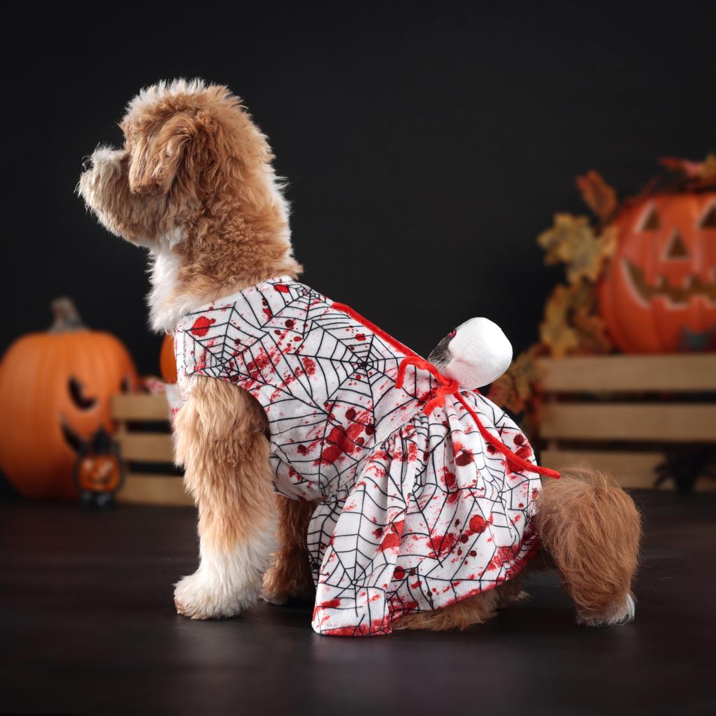 Хэллоуинское платье для собаки, Наряд с принтом кровавой паутины и головным убором в виде черепа, Жутким и очаровательным платьем для маленьких собак, кошек, питомцев