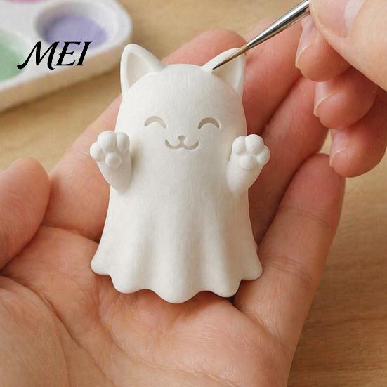 Customizable Holiday Decor 3D Printed Cute Ghost Cat Figurine, Wink Smile Surprise Spooky Halloween Decor, Unique Party Table Decorations Blank White
