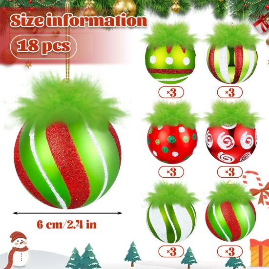 2.4 Inch Christmas Ball Ornaments with Fuzzy Green Hair Glittering Hanging Furry Elf Ball Decoration Red Green Plastic Ball Ornament