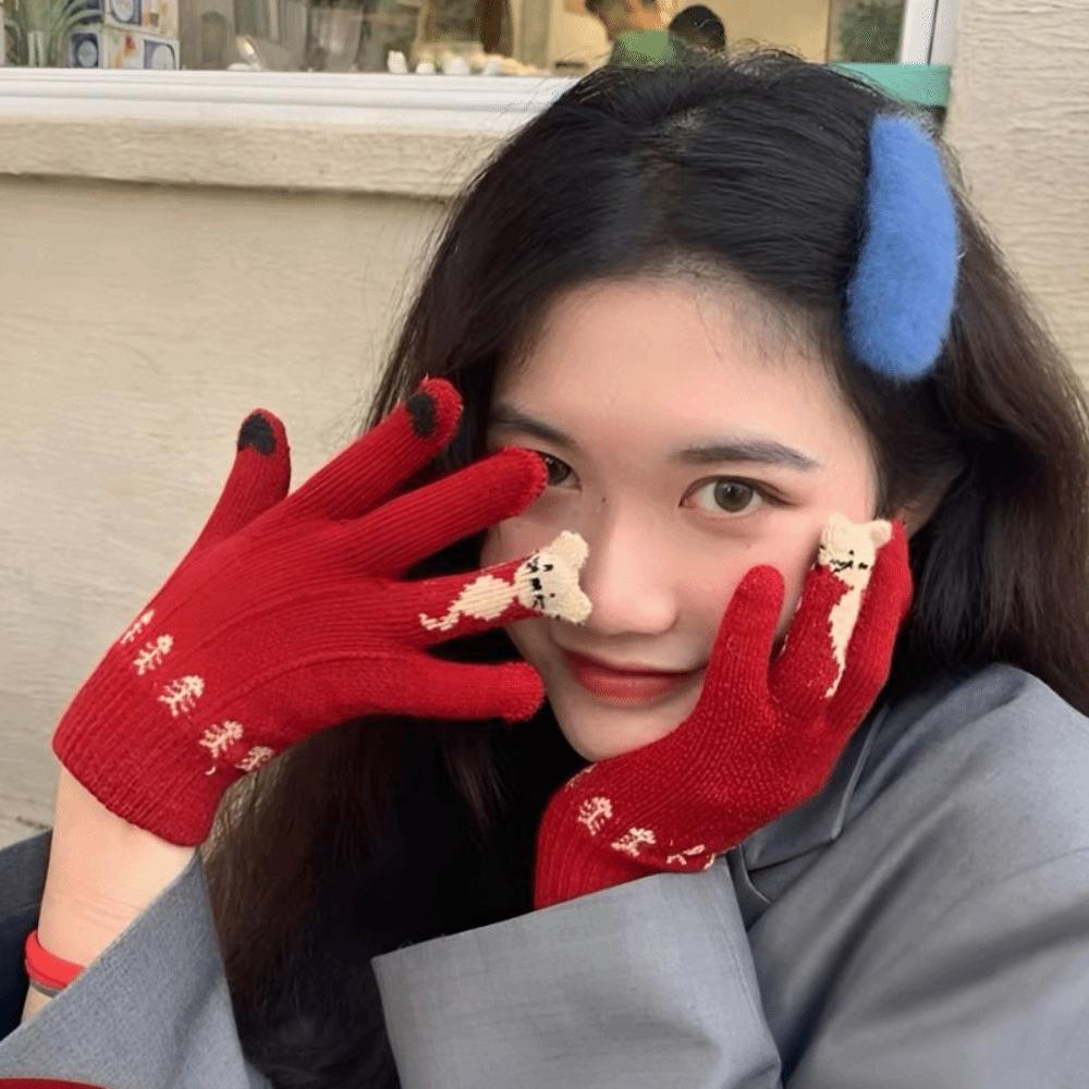 Warm Lining Winter Thermal Gloves Kitty Pattern Full Finger Gloves Nylon Knit Gloves Daily Wear