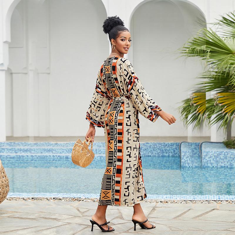 EDOLYNSA 2023 накидки на бикини в стиле бохо с принтом, элегантное кимоно с поясом, платье-туника, женская пляжная одежда больших размеров, купальный костюм, накидка Q1228