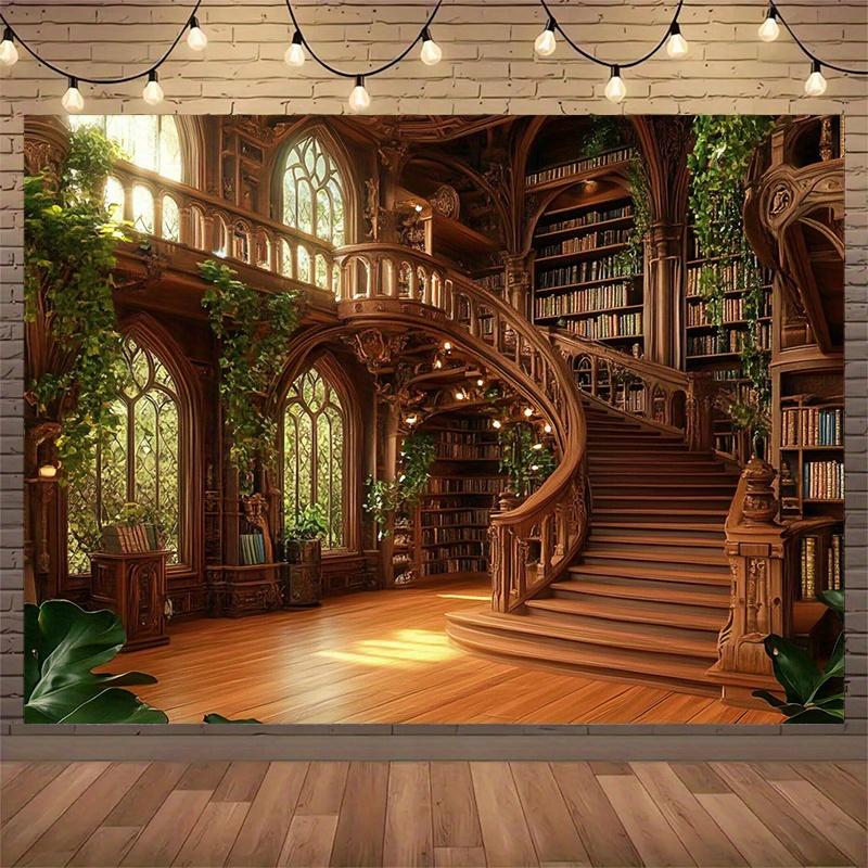 1pc Elegant European-style floral arches and spiral staircase photography background durable polyester fabric home decoration