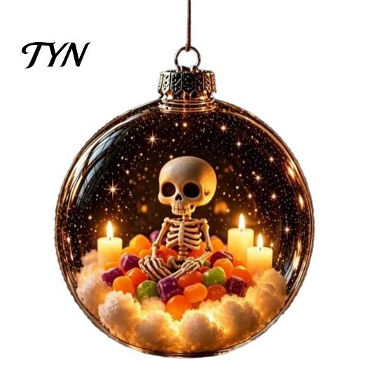 Plastic Ball Ornament Halloween Clear Hanging Decoration, Glowing Sphere with Skeleton, Lighted Transparent Decorations Pumpkin, Spider Web, Black Cat