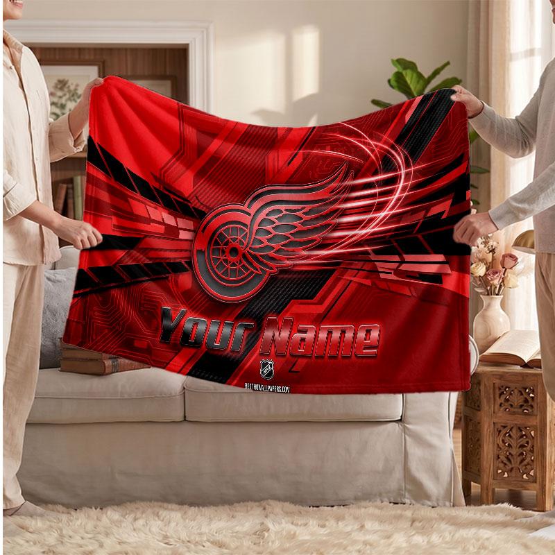 Detroit Red Wings Flannel Blanket, Custom Name Text Personalized Soft Throw Blanket Home Decor Gift
