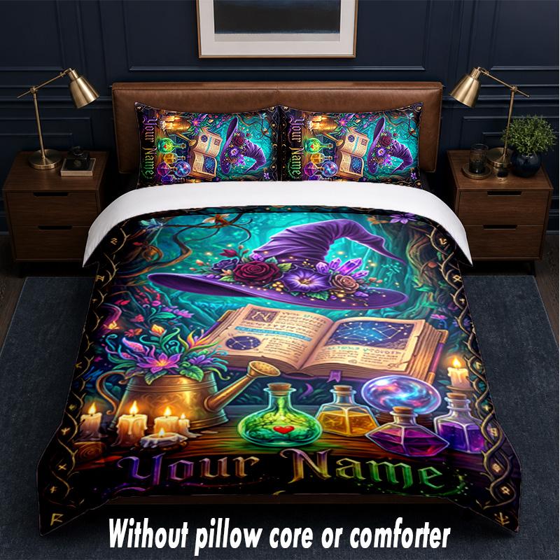 Witchcraft Theme Custom Text Or Name 3Pcs Bedding Set,1 Flat Sheet & 2 Pillowcases Personalized Home Bedding