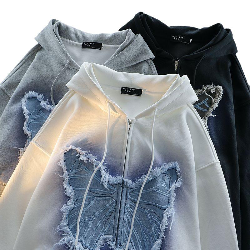 Весенняя тонкая американская уличная толстовка с нашивкой в ​​виде бабочки, женская толстовка Y2k в стиле Харадзюку, свободный топ, куртка