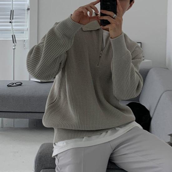 Осень-зима мужской свитер с отложным воротником и полумолнией, длинные рукава, однотонный свободный трикотажный топ, повседневная одежда, школьный рабочий трикотаж