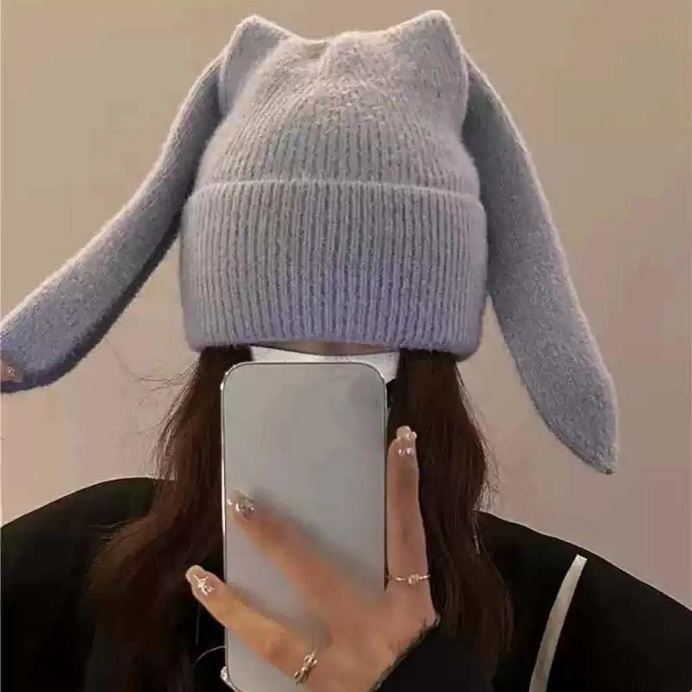 Korean Style Rabbit Ears Cap Trendy Brimless Beanie Hat Personality Bunny Pullover Cap Outdoor