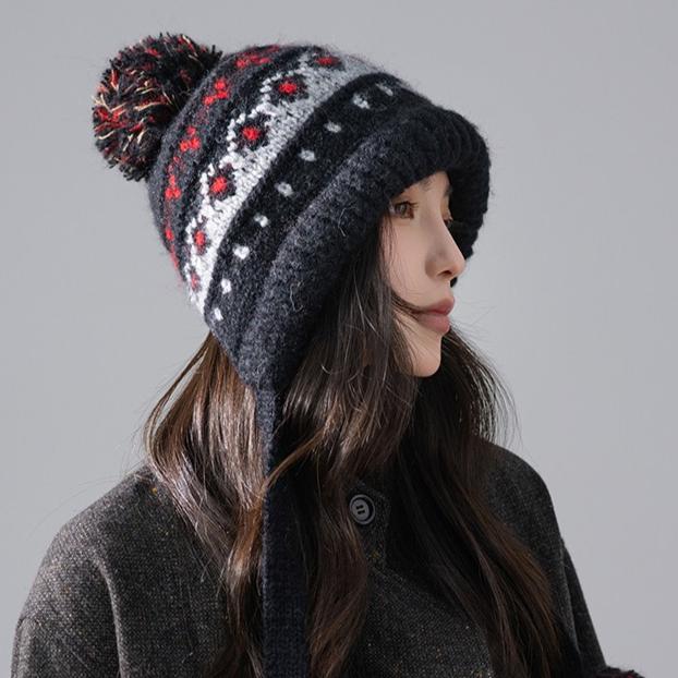 Повязка Красная Шляпа Женская Осень и Зима Ретро Вязаная Шерстяная Шапка Уличная Теплая Лысая Шапка