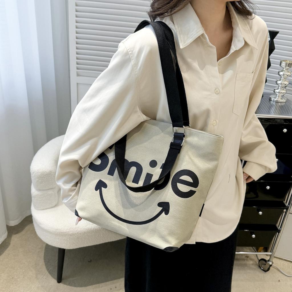 Большая вместительная холщовая большая сумка с буквами контрастного цвета, сумка на одно плечо с принтом улыбающегося лица и женская сумка через плечо