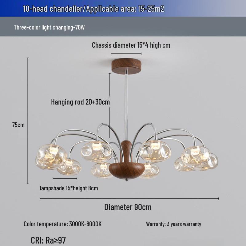 American Retro Walnut and Glass Chandelier for Living Room
