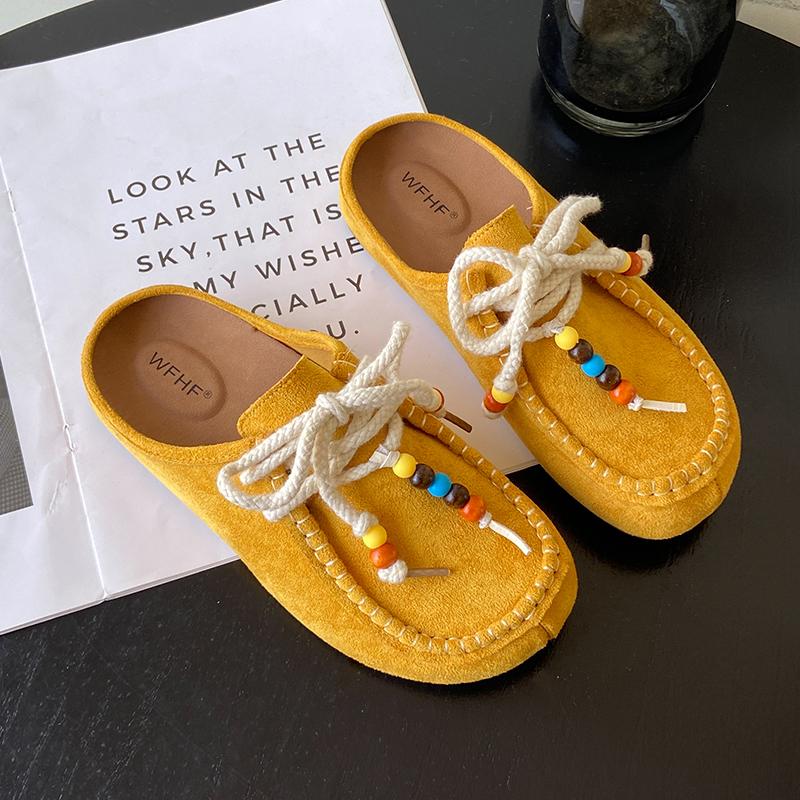 Женские туфли на плоской подошве с закрытым носком, с ремешком сзади, на шнуровке, с бисером, слипоны, с внутренней платформой, тапочки, универсальные, ретро, замшевые, женские туфли