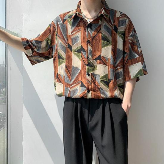 Мужская пляжная рубашка с короткими рукавами, насыщенные цвета, винтажные Гавайские свободные брюки, однобортный отложной воротник, мужская рубашка для отпуска, мужская одежда