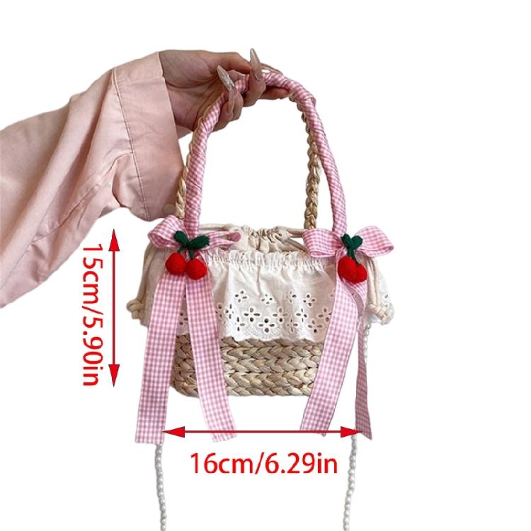 Cute Bowknot Woven Straw Handbag Beach Ruffle Lace Pearl Chain Crossbody Bag