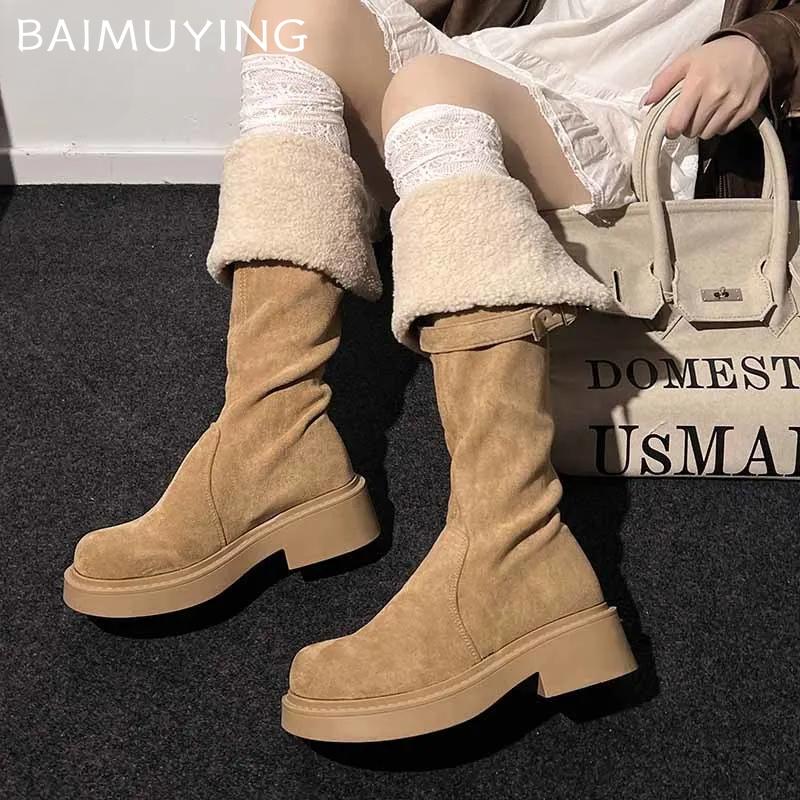 Замшевые женские высокие сапоги на меху, толстые, теплые, на среднем каблуке, женские туфли 2024 года, трендовые зимние туфли-лодочки, элегантные дизайнерские туфли для ходьбы, зимние ботинки Mujer