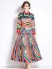 Spring Autumn Women European Designer Print Runway Outfits Full Sleeve Lapel Shirt Tops and Long Maxi Skirt Two Piece Set