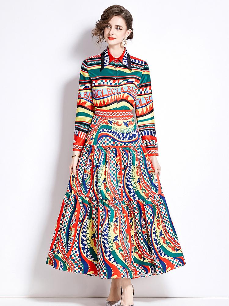 Spring Autumn Women European Designer Print Runway Outfits Full Sleeve Lapel Shirt Tops and Long Maxi Skirt Two Piece Set