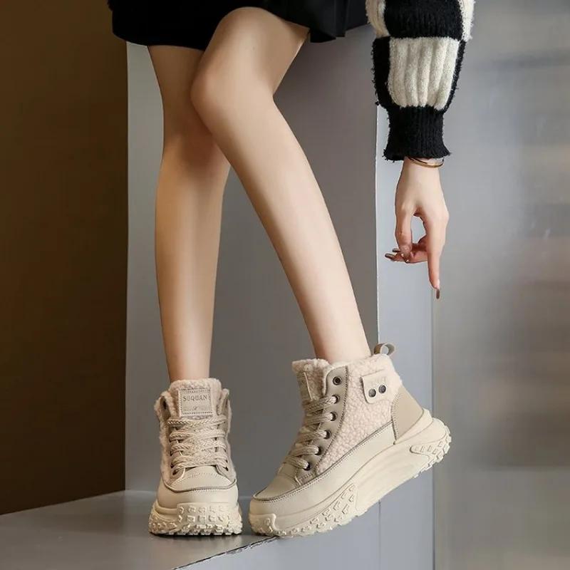 Модные женские зимние сапоги размера плюс 40, зимние новые плюшевые теплые ботинки, модные теплые сапоги с толстой подошвой, увеличивающие рост, нескользящие хлопковые сапоги