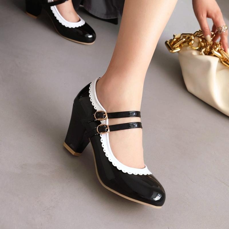 Fashion Sweet Women's Heels Size 45 Pumps Lolita Mary Janes Shoes Big Size Elegant Black Red Pink Heeled Office Wedding Shoes For Girls