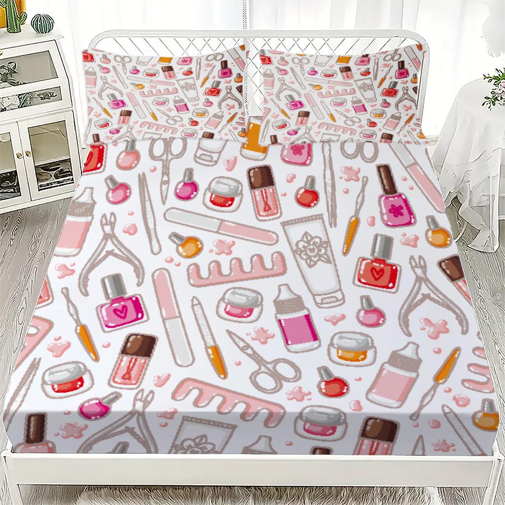 3pcs White Fitted Sheet Sets 100% Polyester For Girls Decor Nail Polish Tools And Hearts Printed Flat Sheet With 2Pillowcases