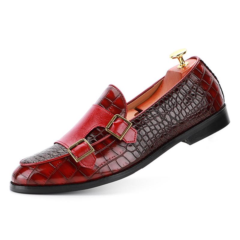 Luxury Dress Shoes Mens Classic Crocodile Pattern Leather Shoes Monk Buckle Strap Pointed Toe Party Loafers Shoes For Men