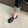 Spring and Autumn Small Gold Buckle Round Head Thick Sole Middle Heel One Pedal Loafer Single Shoes Women's Genuine Leather Flat Shoes Small Leather