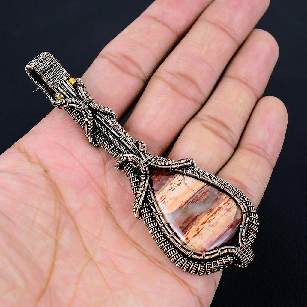 Уникальный драгоценный камень из красной речной яшмы из чистой медной проволоки, завернутый в подвеску ручной работы, ювелирные изделия