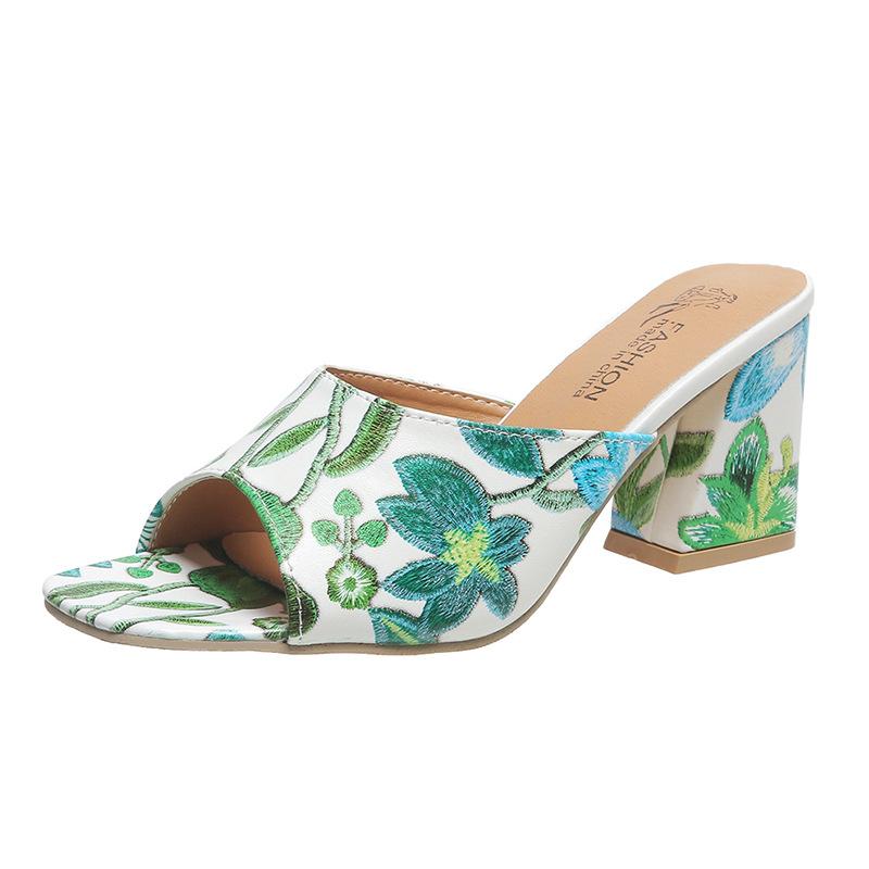 Европейские и американские босоножки на толстом каблуке с принтом 2024 года, новые сексуальные и простые тапочки с цветочным принтом и рыбьим ртом на высоком каблуке для девочек