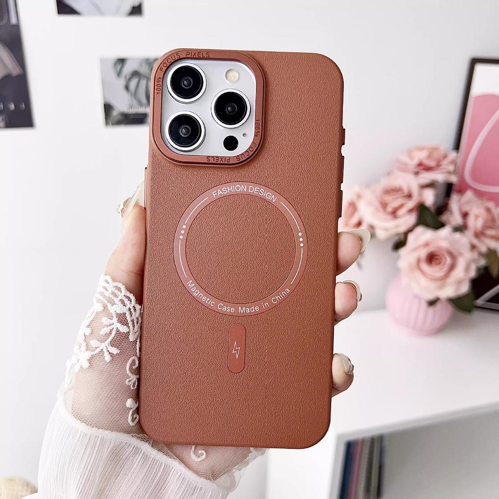 Magnetic Suction Suitable for Iphone16promax Leather Pattern Mobile Phone Case Apple 15 Metal Lens 14 Advanced Sense Protection Case