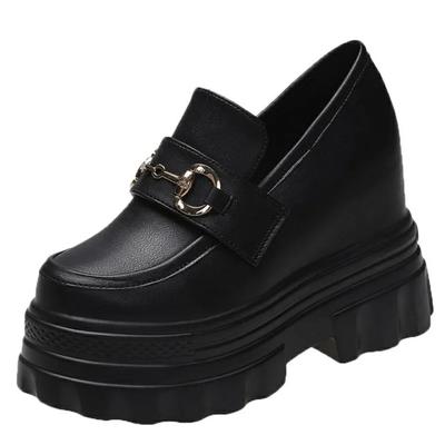 Мода 11 см Весенне-осенние каблуки Кожаные массивные туфли Классические женские кроссовки на высокой платформе Черные теннисные женские вулканизированные туфли