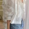 Women Striped Contrast Color Short Loose Long Sleeve Hooded Button Sunscreen Shirt